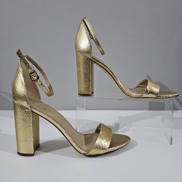 Sam Edelman Yaro Block Heel Sandal Women 11 Gold Snake Embossed Metallic Evening - Picture 3 of 16